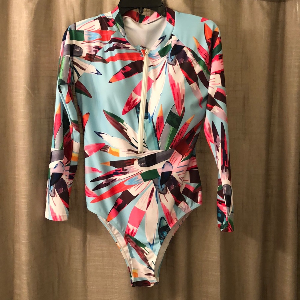 Long Sleeve One Piece Colorful Swimsuit: XL